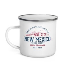 Retro New Mexico State design on white enamel camping mug with vintage southwestern graphics and typography
