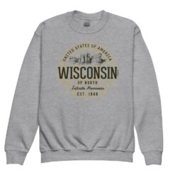 Youth crewneck sweatshirt featuring retro Wisconsin state design with vintage-style graphics and typography