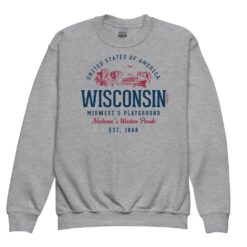 Youth crewneck sweatshirt displaying vintage-inspired Wisconsin state design in retro styling with ribbed cuffs