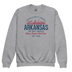 Youth crewneck sweatshirt displaying vintage-inspired Arkansas State graphic design in retro styling