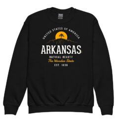 Arkansas youth crewneck sweatshirt displaying retro vintage-style state design in natural colors