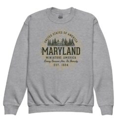Youth crewneck sweatshirt displaying vintage-inspired Maryland state design in retro colors with ribbed cuffs