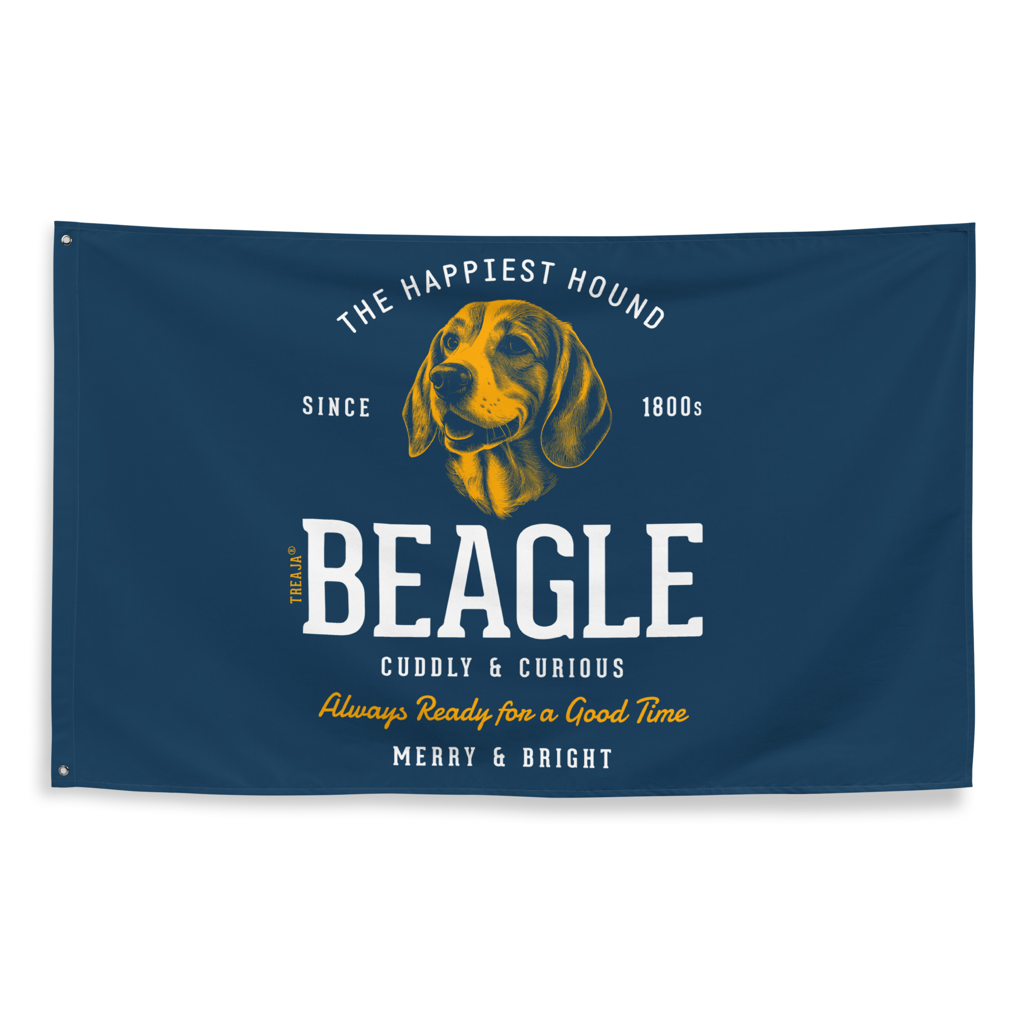 Vintage-style decorative wall flag featuring retro Beagle dog artwork with reinforced grommets for hanging